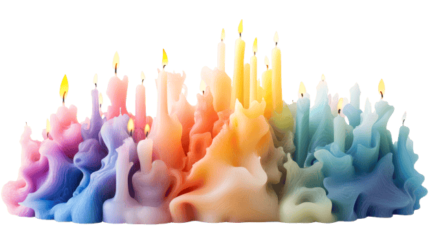 Melted multi-colored candles burning, cut out transparent png