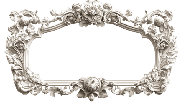 Floral stucco frame on black, cut out transparent png
