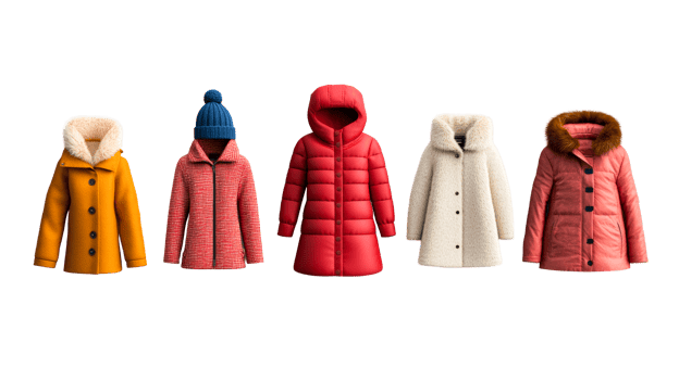 Colorful collection of winter coats with hats png