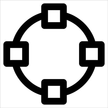 A black and white image of a circle with four squares vector