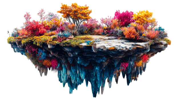 Floating island with vibrant vegetation and colors png