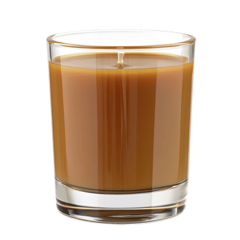 Unlit caramel scented candle in clear glass jar on a transparent background Concept of home fragrance, relaxation, and aromatherapy png