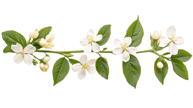 Blooming flower branch with green leaves png