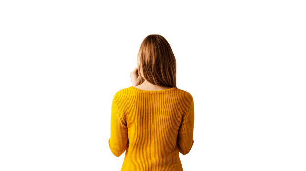 Woman in yellow sweater standing with back turned png