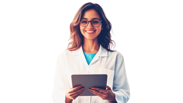 Smiling woman in lab coat holding tablet png