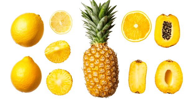Fruits in yellow arranged on a white background png