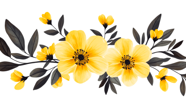 Bright yellow flowers with green leaves and buds png