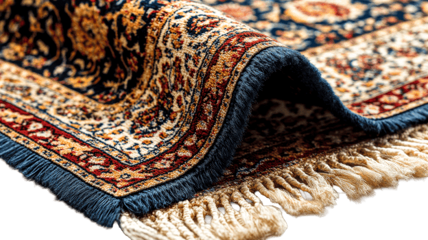 Rolled ornate rug with fringe, cut out transparent png