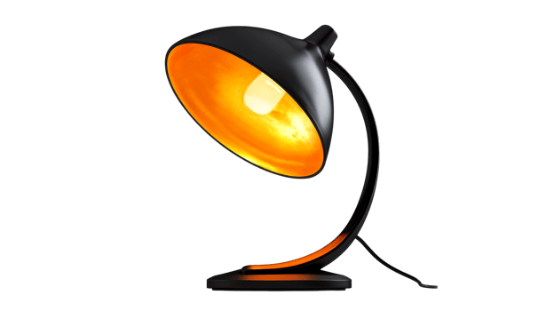 Stylish black desk lamp on black, cut out transparent png