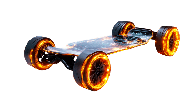 Futuristic skateboard glowing wheels, cut out transparent png