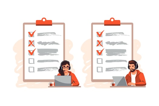 Survey concept. Feedback from customers or opinion form. Client answers understanding with professional research team. Characters filling survey form. vector