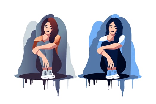 Tired woman sitting with a discharged battery in the thoughts. Concept emotional burnout or mental disorder. flat vector