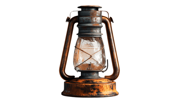 Vintage metal lantern, rusty isolated, cut out transparent png