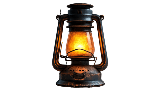 Vintage rusty lantern shines, cut out transparent png