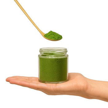 Glass jar filled with vibrant green matcha powder resting on an open human hand, bamboo spoon hovering above with a scoop of powder png