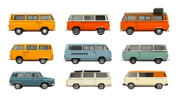 Collection of various old vans, cut out transparent png
