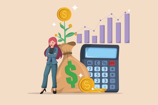 Financial success illustrated with a woman, calculator, money bag, and a growth chart. vector