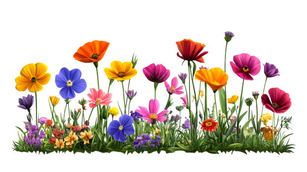 Various colorful flowers with grass, cut out transparent png