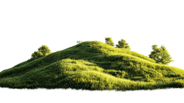 Green grass hill with sunlight, cut out transparent png