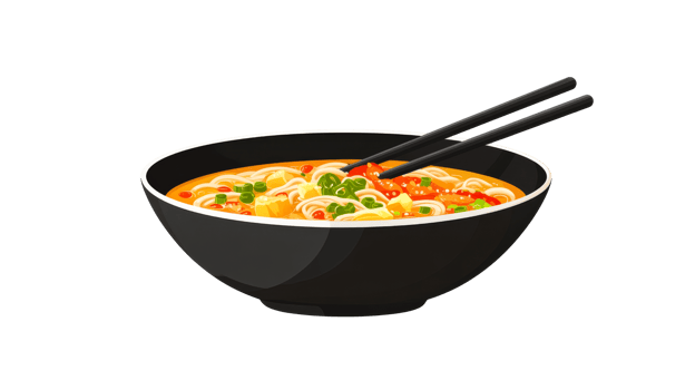 Noodles in bowl with chopsticks, cut out transparent png