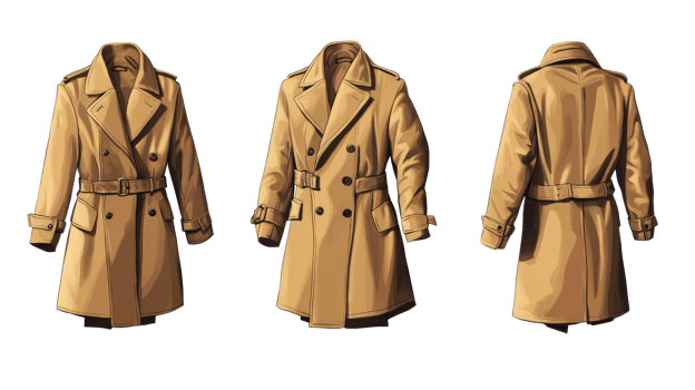 Tan Trench Coat, Various Angles, cut out transparent png