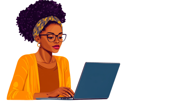 African woman working at laptop, cut out transparent png