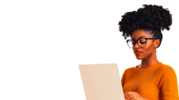 Black woman with laptop, isolated, cut out transparent png