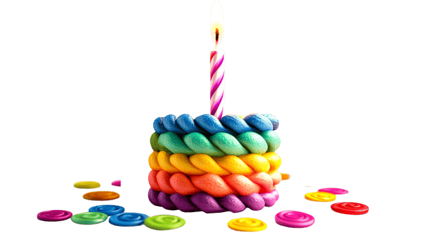 Colorful cake with candle and candy decorations png