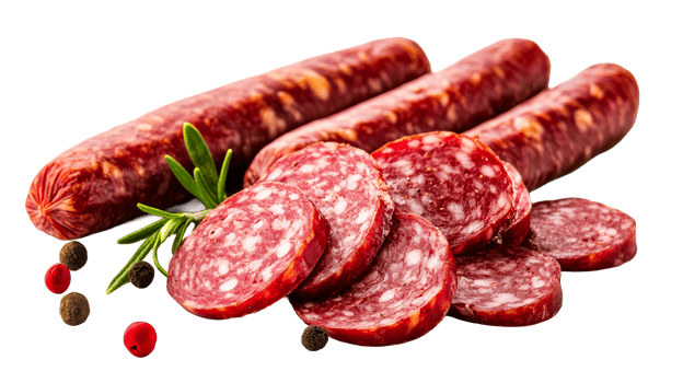 Sliced and whole cured sausage with herbs png