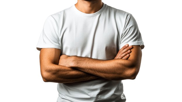 Male individual with crossed arms in plain shirt png
