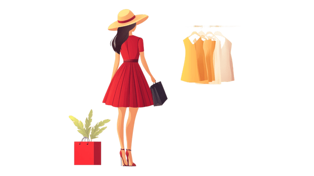 Stylish woman shopping for summer dresses png