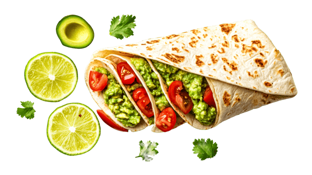 Fresh guacamole wrap with lime and avocado slices png
