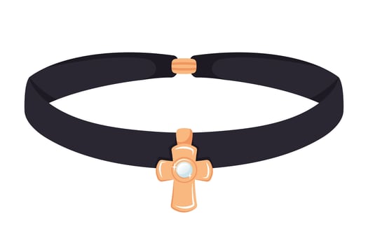 Elegant black choker with golden cross pendant and pearl. Jewelry icon. Vintage jewel accessories isolated. Luxury stone. Stylish fashion bijouterie for women. Minimalist gothic jewellery. vector