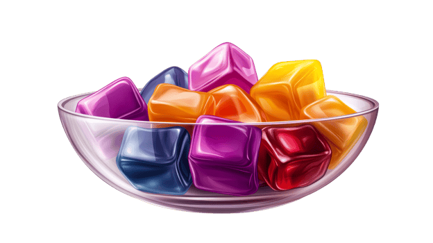 Glass bowl with colorful ice cubes, cut out transparent png