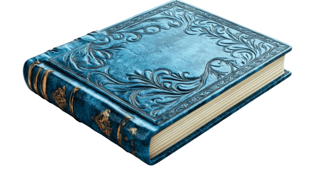 Closed azure book with gilded decor, cut out transparent png