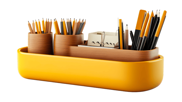 Desk organizer filled with tools, cut out transparent png