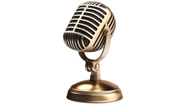 Golden microphone on black, cut out transparent png
