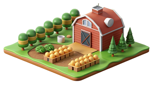 Rural farm scene with barn and field, symbolizing agriculture and rural life. png