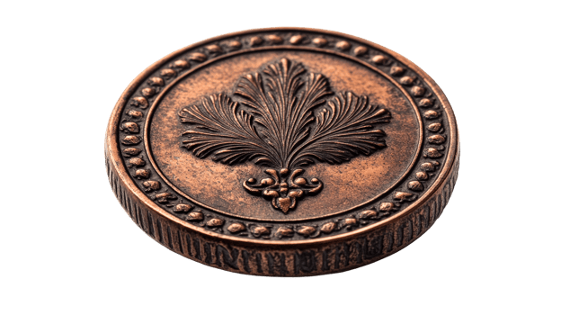 Metal medallion with leaf design, cut out transparent png