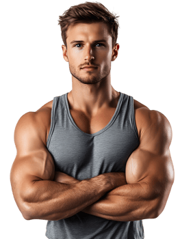 Fit man with crossed arms in gray sleeveless shirt png