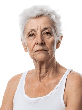 Elderly woman with white hair wearing white tank top looking straight png