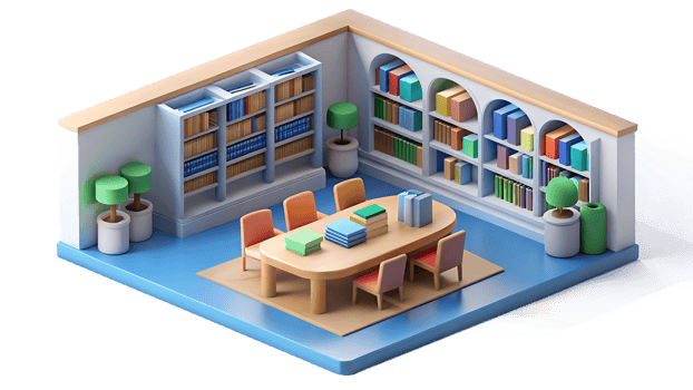 Interior scene of a library or archive, symbolizing education, knowledge, and research. png