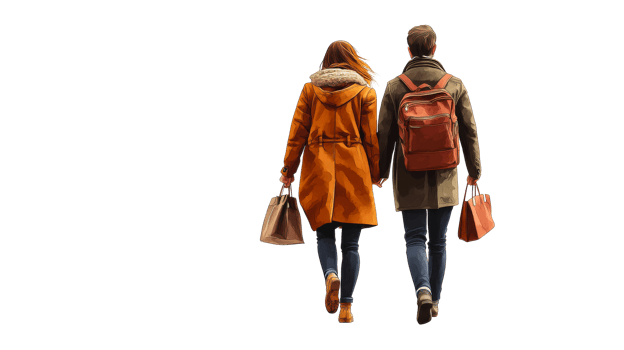 Couple walking holding hands, back view, cut out transparent png