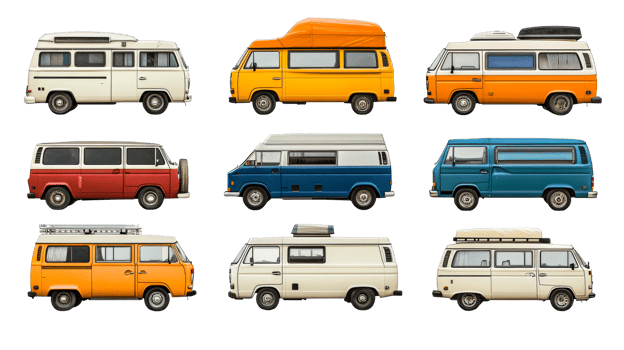Colorful classic camper van collection, cut out transparent png