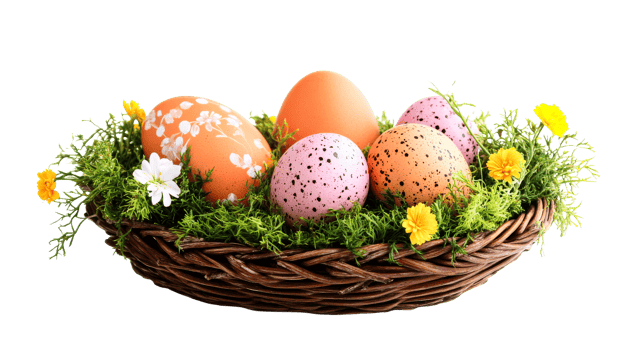 Decorated easter eggs in basket, cut out transparent png