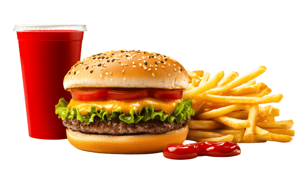 Cheeseburger, beverage, fries with ketchup, cut out transparent png