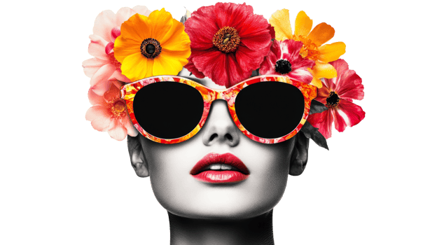 Woman with floral crown, sunglasses, isolated, cut out transparent png