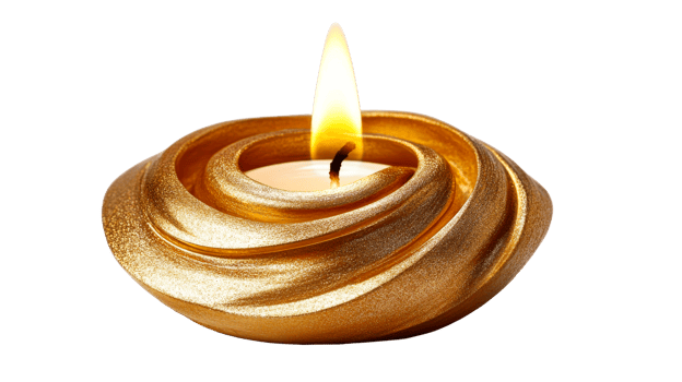 Gold candle with flame on dark, cut out transparent png