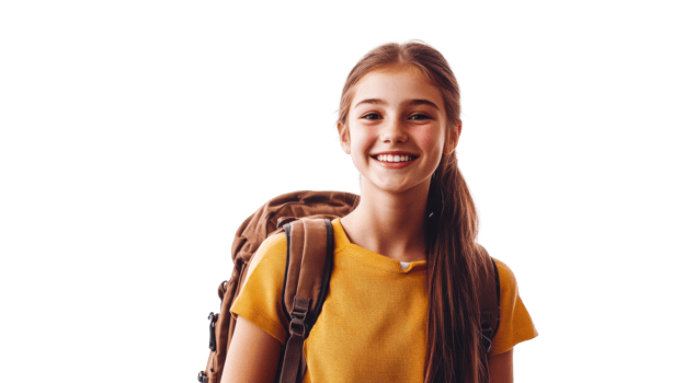 Teen girl with backpack, cheerful, cut out transparent png