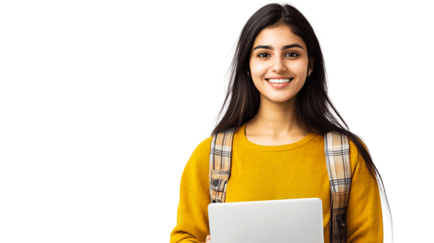 Asian student with laptop smiles, cut out transparent png